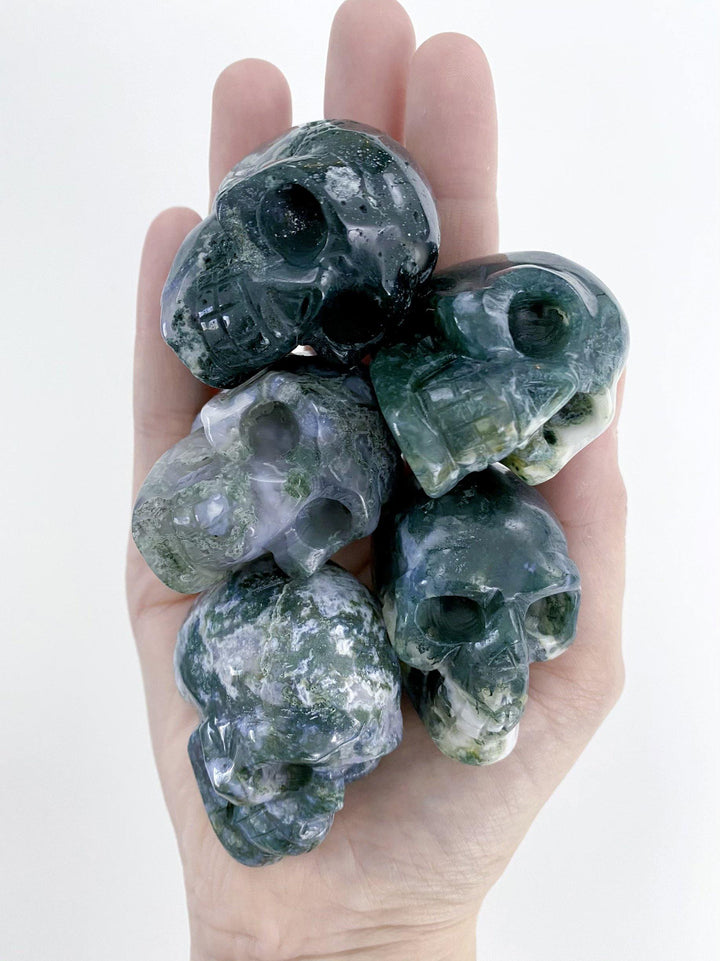 Moss Agate Carved Skulls - Uncommon Rocks