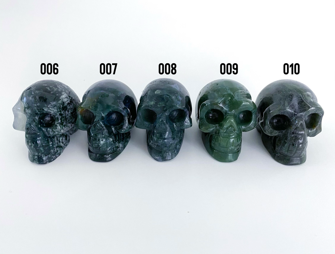 Moss Agate Carved Skulls - Uncommon Rocks