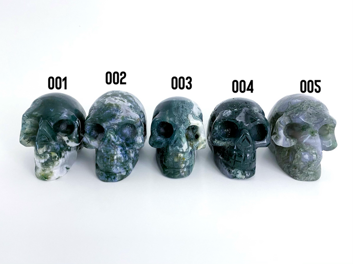 Moss Agate Carved Skulls - Uncommon Rocks